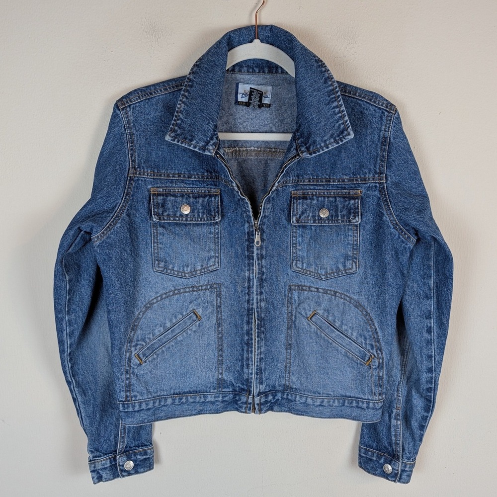 Vintage Express Jacket Small Blue Denim Faded Zip Trucker Jean Crop Collared 90s